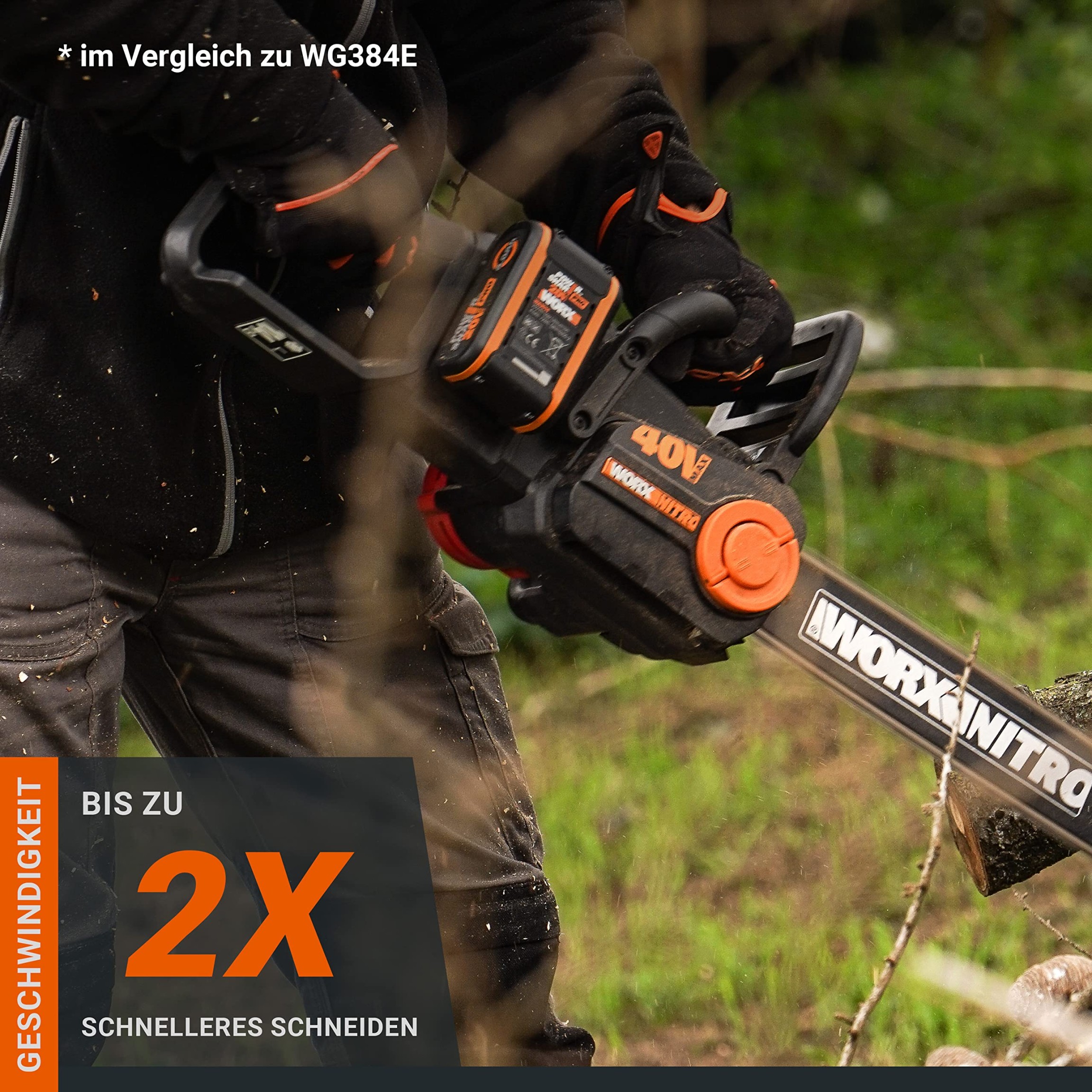 WORX WGE Nitro Battery Chainsaw  V ( x 0 V) - Brushless Motor -  Automatic Chain Tension -  cm Cutting Length -  m/s Cutting Speed -